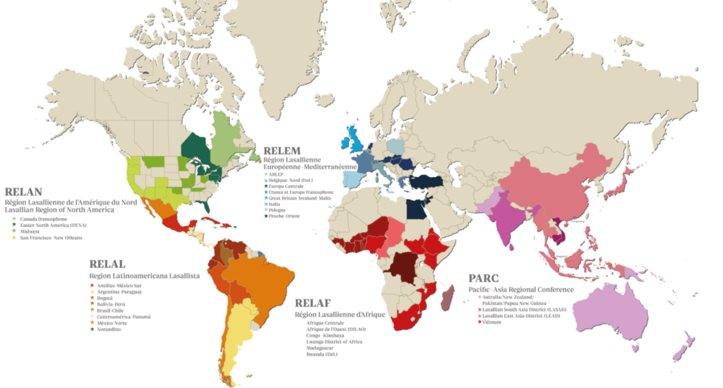 mapa de las ubicaciones y la cantidad de escuelas la salle por el mundo